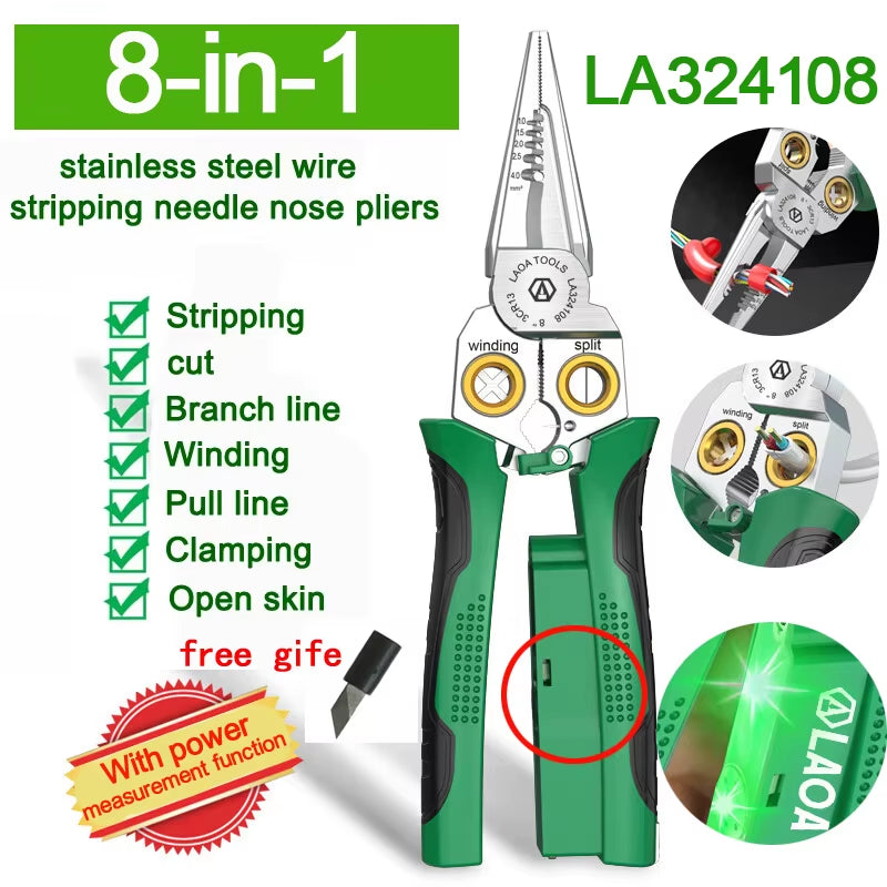 Electrician'S Pliers, Multi-Function Wire Stripper, 8-In-1 Stainless Steel Needle-Nose Pliers with Electrical Measurement
