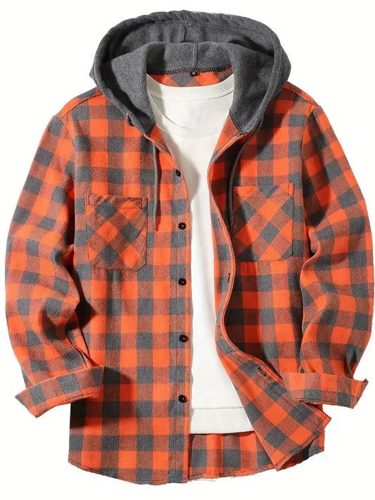 Youth Fashion Street Hooded Plaid Shirt Men'S Slim Fit Long Sleeved Shirt Couple Travel Casual Shirt Men'S Sports Shirt Jacket