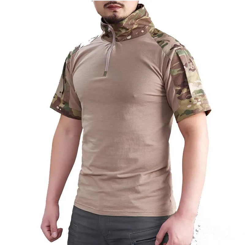 Summer Short Sleeve Combat Shirts Men 1/4 Zipper Cotton Tactical T Shirt Hiking Outdoor Training Shirts Wear Resistant Tops