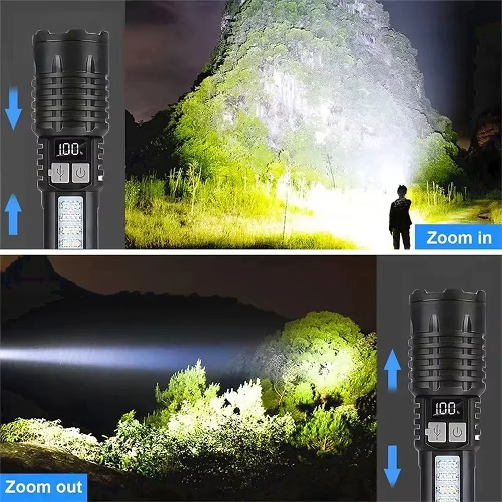 High Power LED Flashlight Powerful TYPE-C Rechargeable COB Flashlight with Side Light Torch for Outdoor Camping Hiking