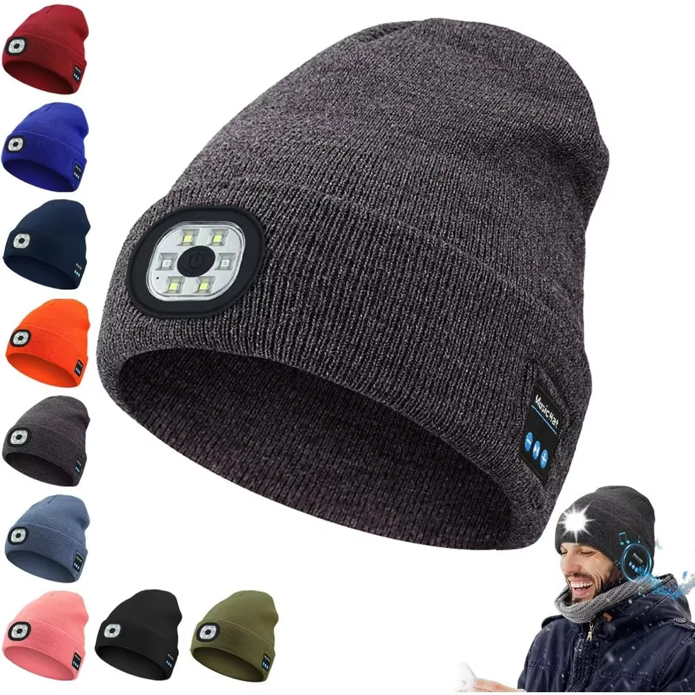 3-In-1 Function Bluetooth Beanie, Bluetooth Beanie with Light, Unisex 6 LED USB Rechargeable with Cordless Headphones Beanie