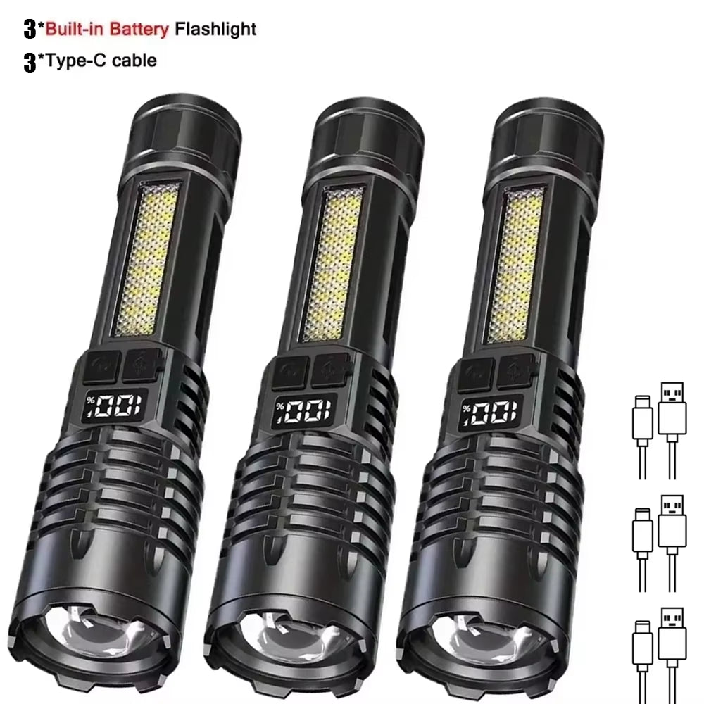High Power LED Flashlight Powerful TYPE-C Rechargeable COB Flashlight with Side Light Torch for Outdoor Camping Hiking