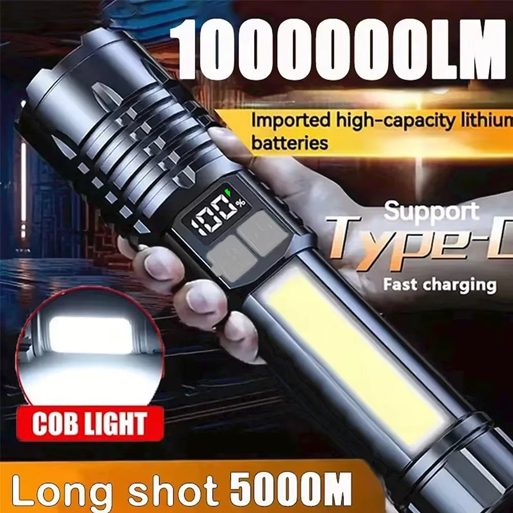 High Power LED Flashlight Powerful TYPE-C Rechargeable COB Flashlight with Side Light Torch for Outdoor Camping Hiking