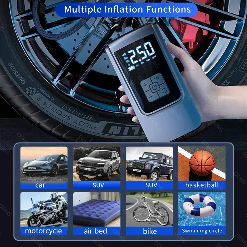Portable Inflatable Air Pump Car Tire Inflator Highspeed Compressor with Barometer Electric Suitable for Motorcycle Bicycle Ball