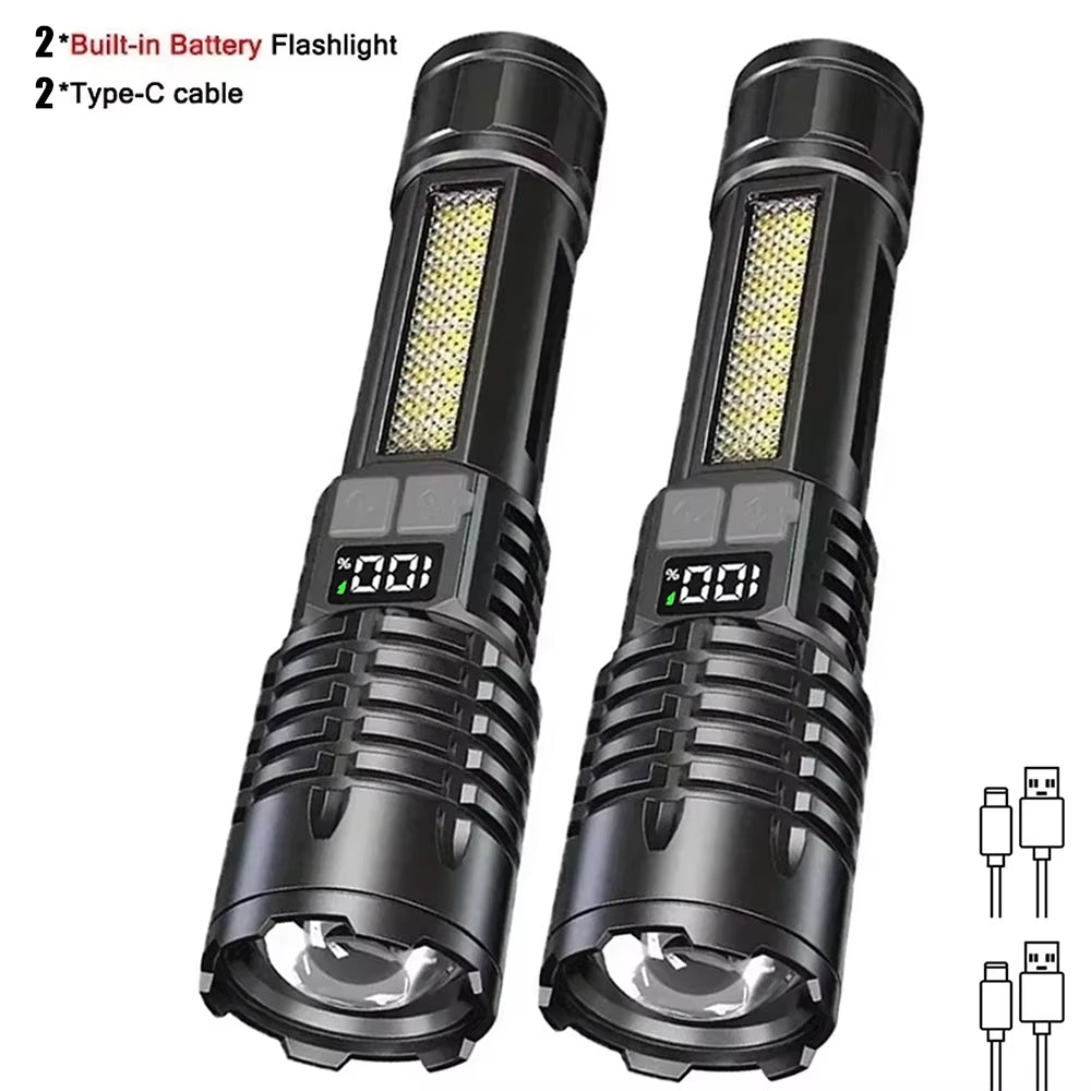 High Power LED Flashlight Powerful TYPE-C Rechargeable COB Flashlight with Side Light Torch for Outdoor Camping Hiking
