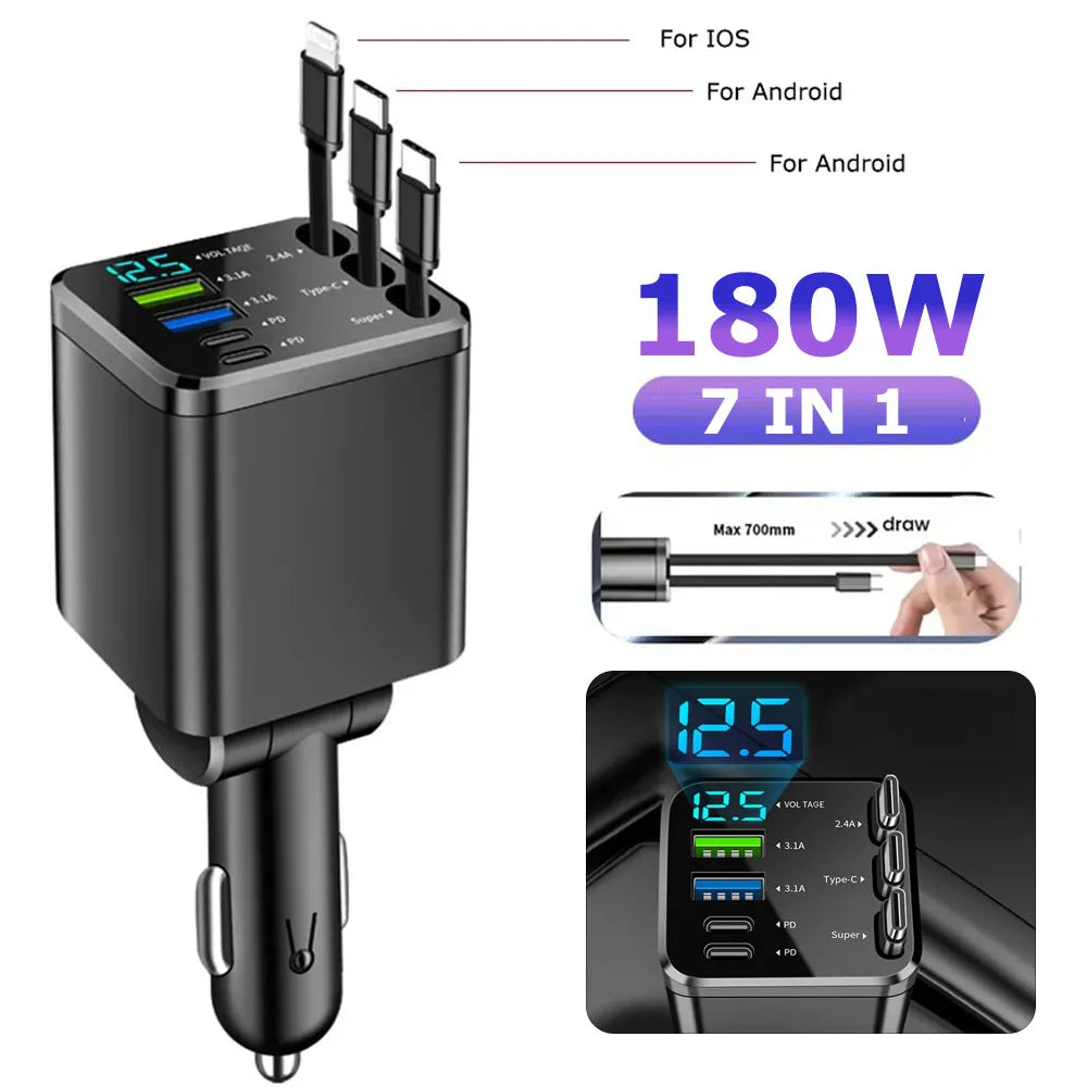 150W Car Charger PD30W Car Cigarette Lighter Adapter Voltage Display with Retractable Cable Fast Charger 22.5W for IOS Android