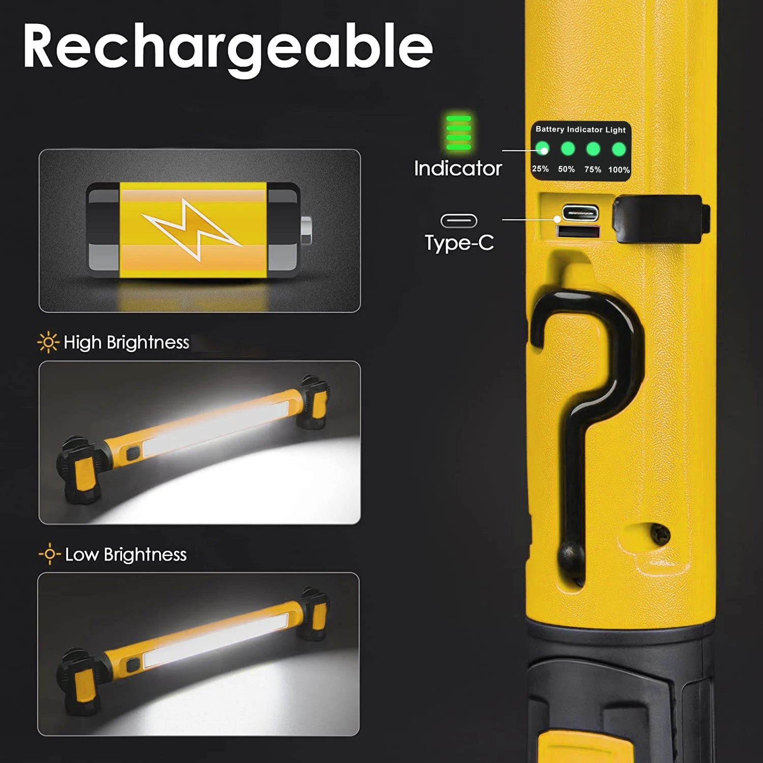 Super Bright Magnetic Work Light Built-In 5200Mah Rechargeable Battery Underhood Work Lamp Bar for Car Repair Outdoor Lighting