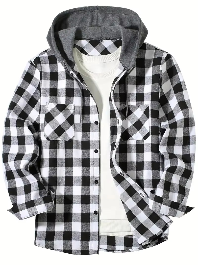 Youth Fashion Street Hooded Plaid Shirt Men'S Slim Fit Long Sleeved Shirt Couple Travel Casual Shirt Men'S Sports Shirt Jacket