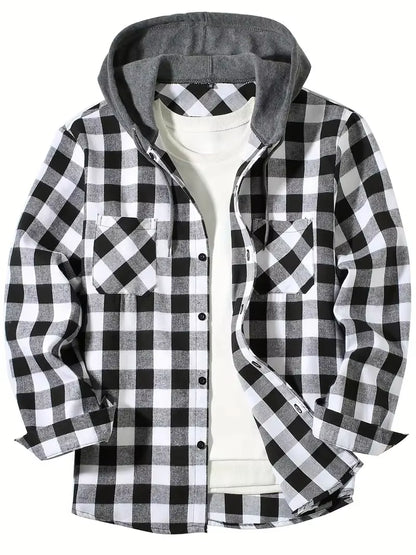 Youth Fashion Street Hooded Plaid Shirt Men'S Slim Fit Long Sleeved Shirt Couple Travel Casual Shirt Men'S Sports Shirt Jacket