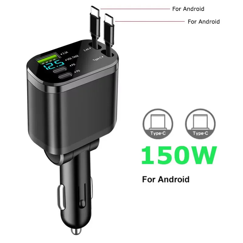 150W Car Charger PD30W Car Cigarette Lighter Adapter Voltage Display with Retractable Cable Fast Charger 22.5W for IOS Android