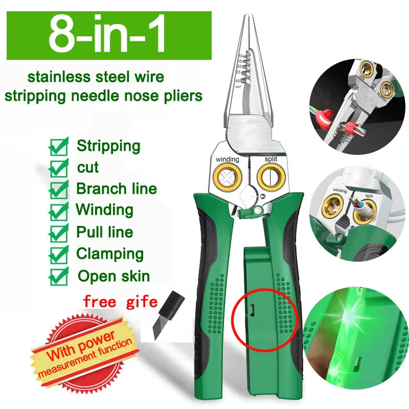 Electrician'S Pliers, Multi-Function Wire Stripper, 8-In-1 Stainless Steel Needle-Nose Pliers with Electrical Measurement