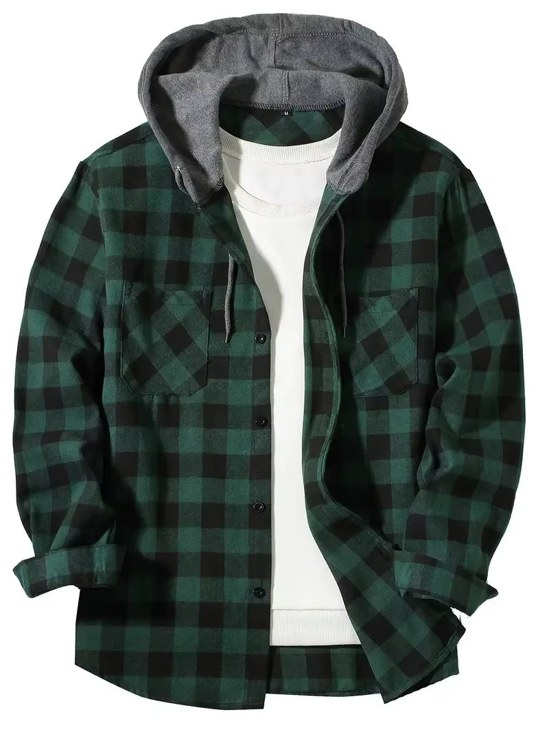 Youth Fashion Street Hooded Plaid Shirt Men'S Slim Fit Long Sleeved Shirt Couple Travel Casual Shirt Men'S Sports Shirt Jacket