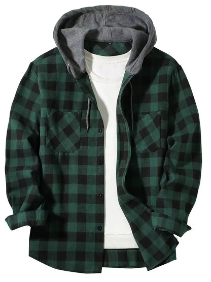 Youth Fashion Street Hooded Plaid Shirt Men'S Slim Fit Long Sleeved Shirt Couple Travel Casual Shirt Men'S Sports Shirt Jacket