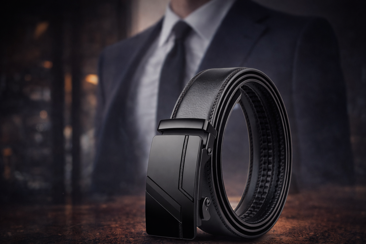 Black leather belt with a silver buckle on a white background
