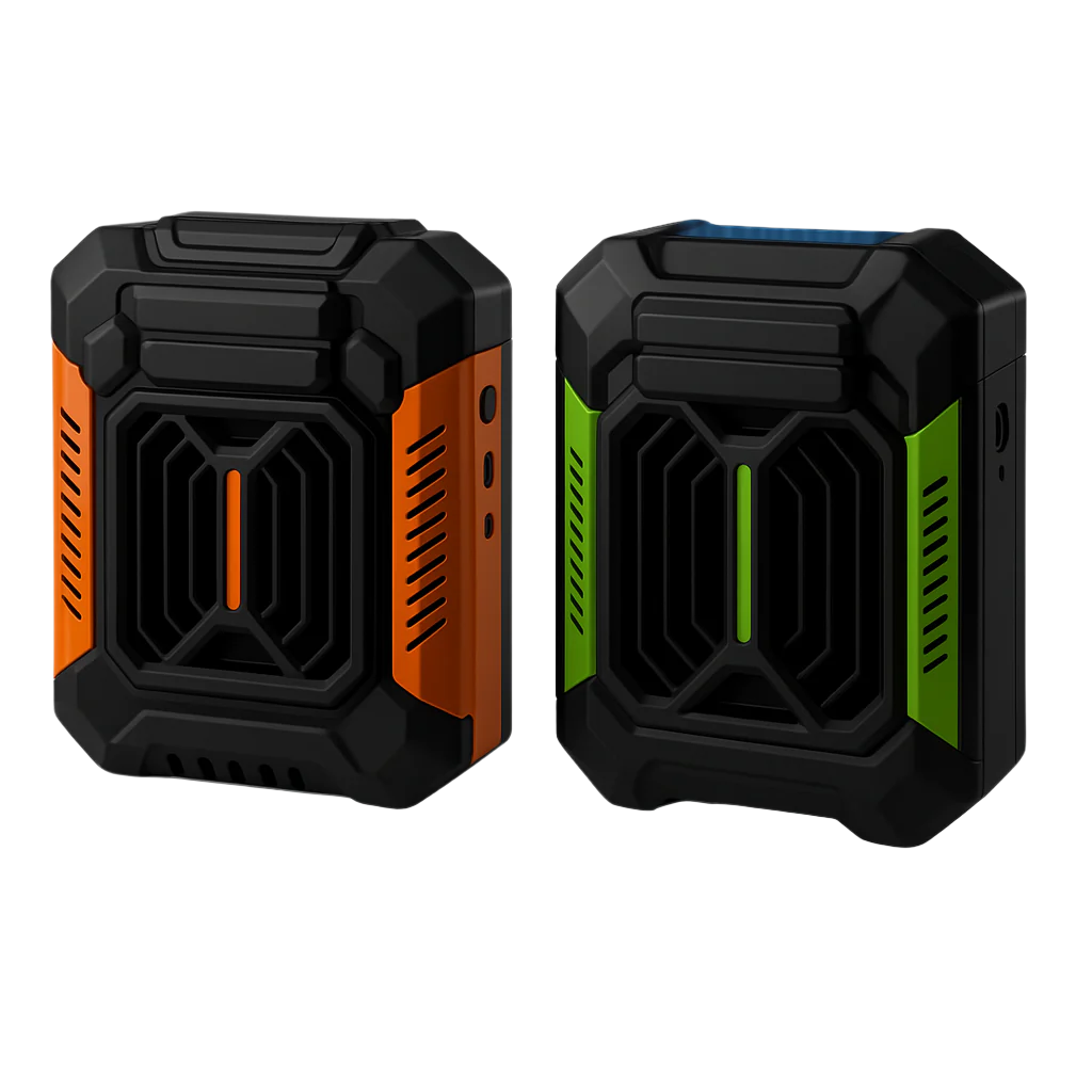 Two rugged device cases, one orange and black, the other green and black, on a white background.
