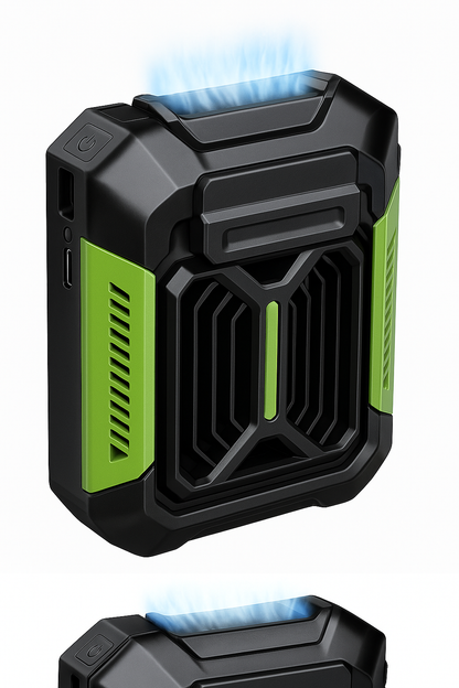 Black and green electronic device with glowing blue elements on a white background