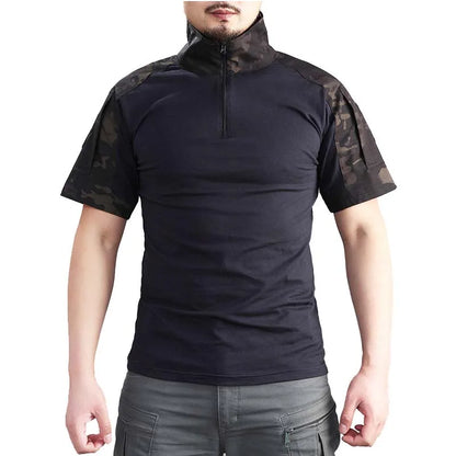 Summer Short Sleeve Combat Shirts Men 1/4 Zipper Cotton Tactical T Shirt Hiking Outdoor Training Shirts Wear Resistant Tops