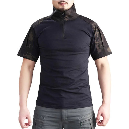 Summer Short Sleeve Combat Shirts Men 1/4 Zipper Cotton Tactical T Shirt Hiking Outdoor Training Shirts Wear Resistant Tops