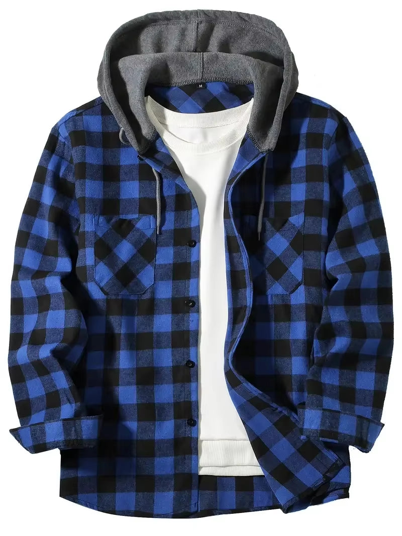 Youth Fashion Street Hooded Plaid Shirt Men'S Slim Fit Long Sleeved Shirt Couple Travel Casual Shirt Men'S Sports Shirt Jacket