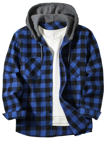 Youth Fashion Street Hooded Plaid Shirt Men'S Slim Fit Long Sleeved Shirt Couple Travel Casual Shirt Men'S Sports Shirt Jacket