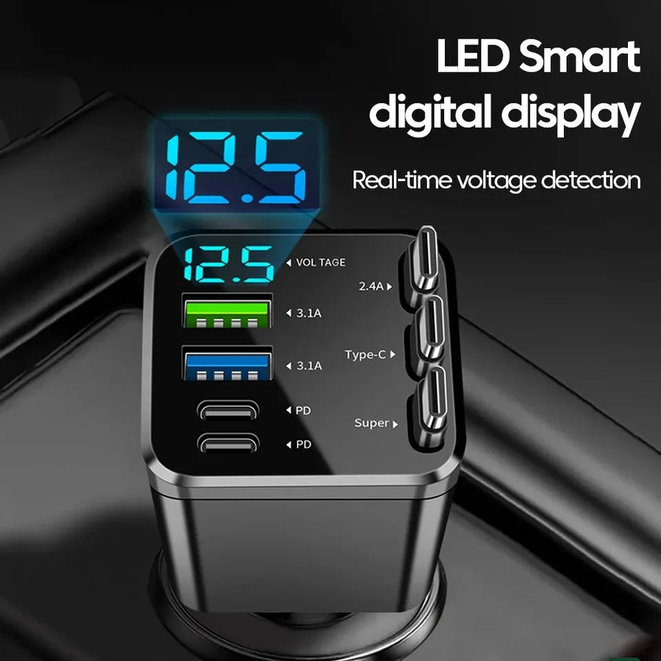 150W Car Charger PD30W Car Cigarette Lighter Adapter Voltage Display with Retractable Cable Fast Charger 22.5W for IOS Android