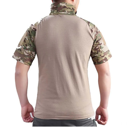 Summer Short Sleeve Combat Shirts Men 1/4 Zipper Cotton Tactical T Shirt Hiking Outdoor Training Shirts Wear Resistant Tops
