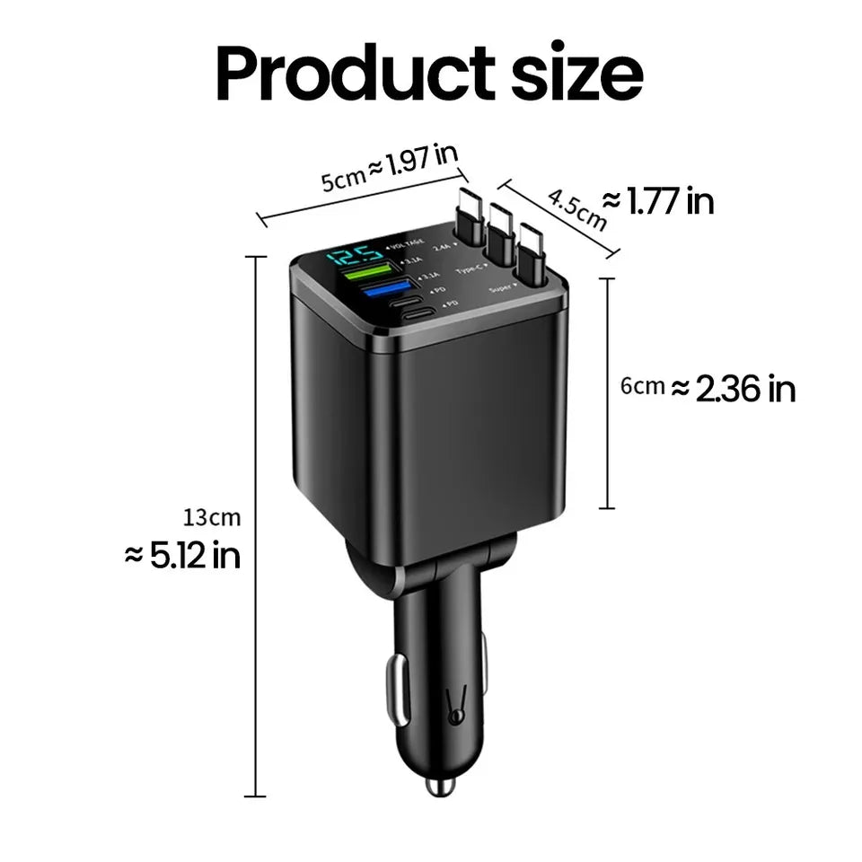 150W Car Charger PD30W Car Cigarette Lighter Adapter Voltage Display with Retractable Cable Fast Charger 22.5W for IOS Android