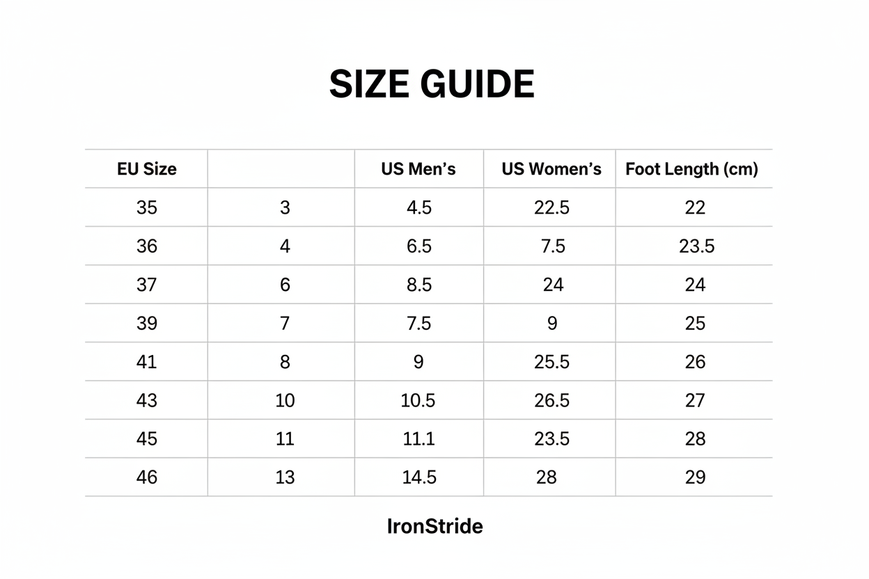 IronStride Water Shoes Size Guide - EU 35 to 46