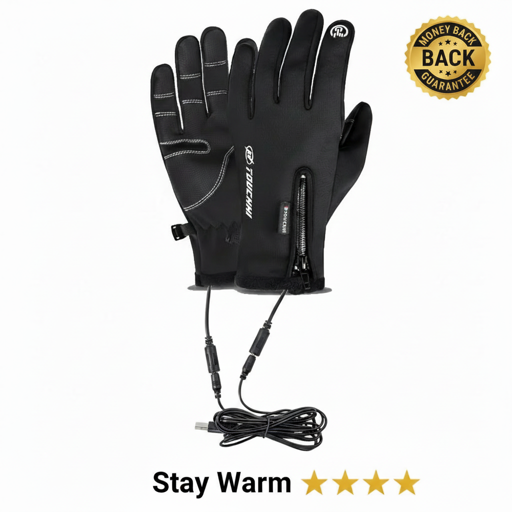 Waterproof Heated Winter Gloves with Gold and Black Badge